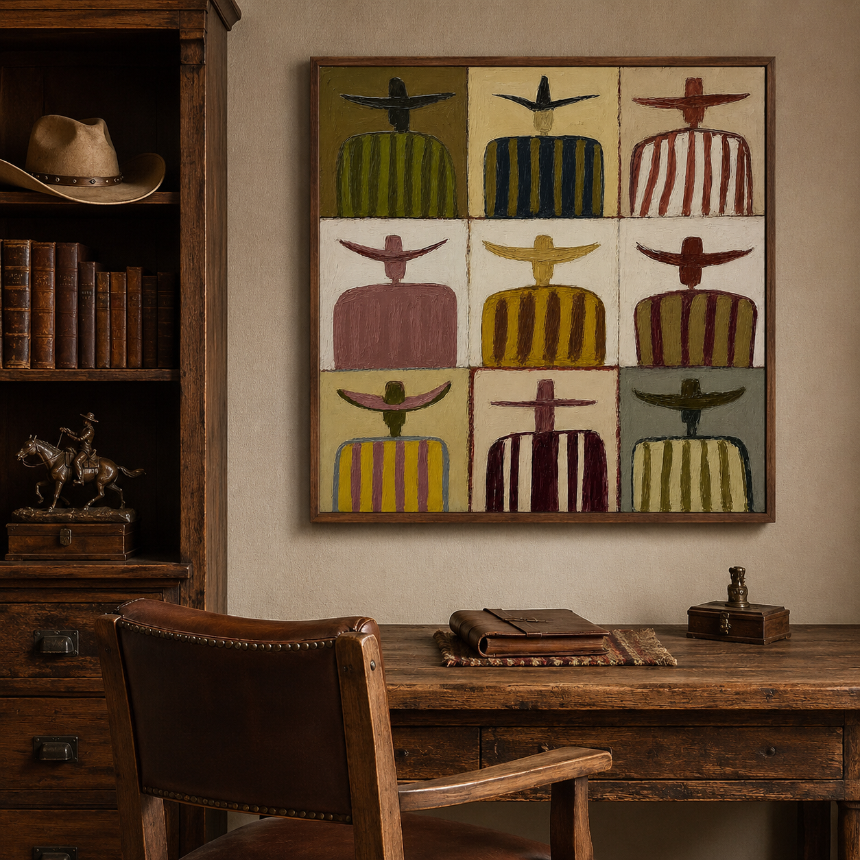 Sombrero Family Portrait Painting In Earthy Tones For Rustic Living Room Decor