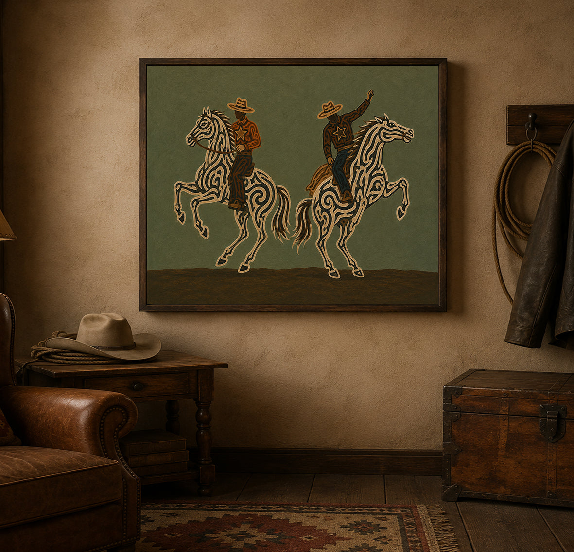 Two Cowboys Horse Painting, Olive Green Western Riders, Rustic Southwestern Equestrian Art
