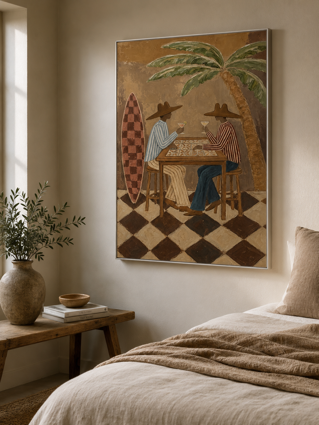 Tropical Surf Bar Painting With Cowboy Hats And Palm Tree For Coastal Living Room Decor