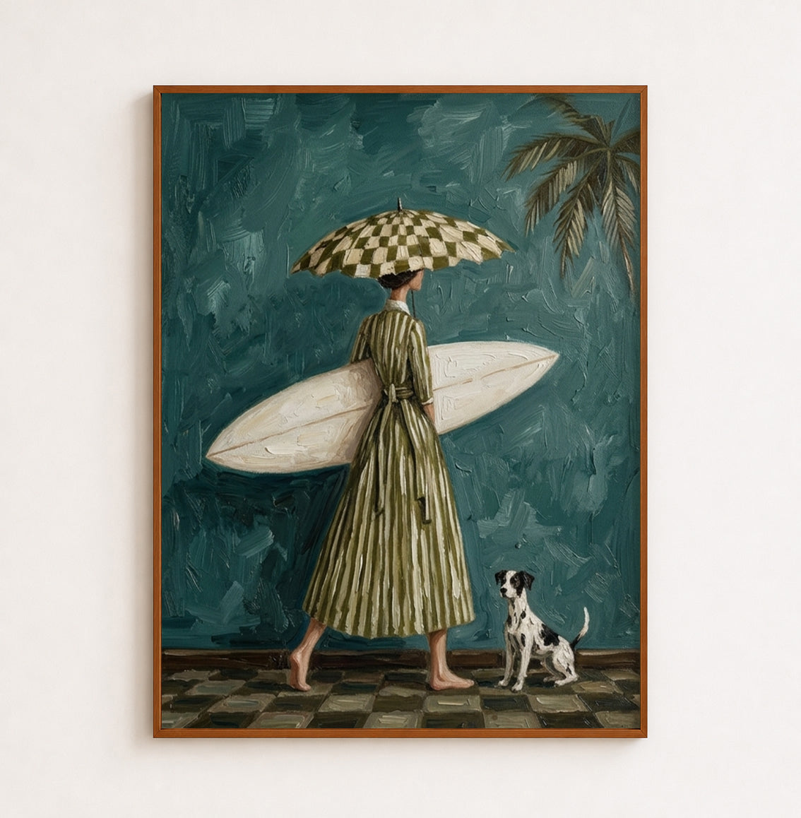 Vintage Surf Girl Oil Painting With Dog Textured Beach Wall Art For Living Room Decor