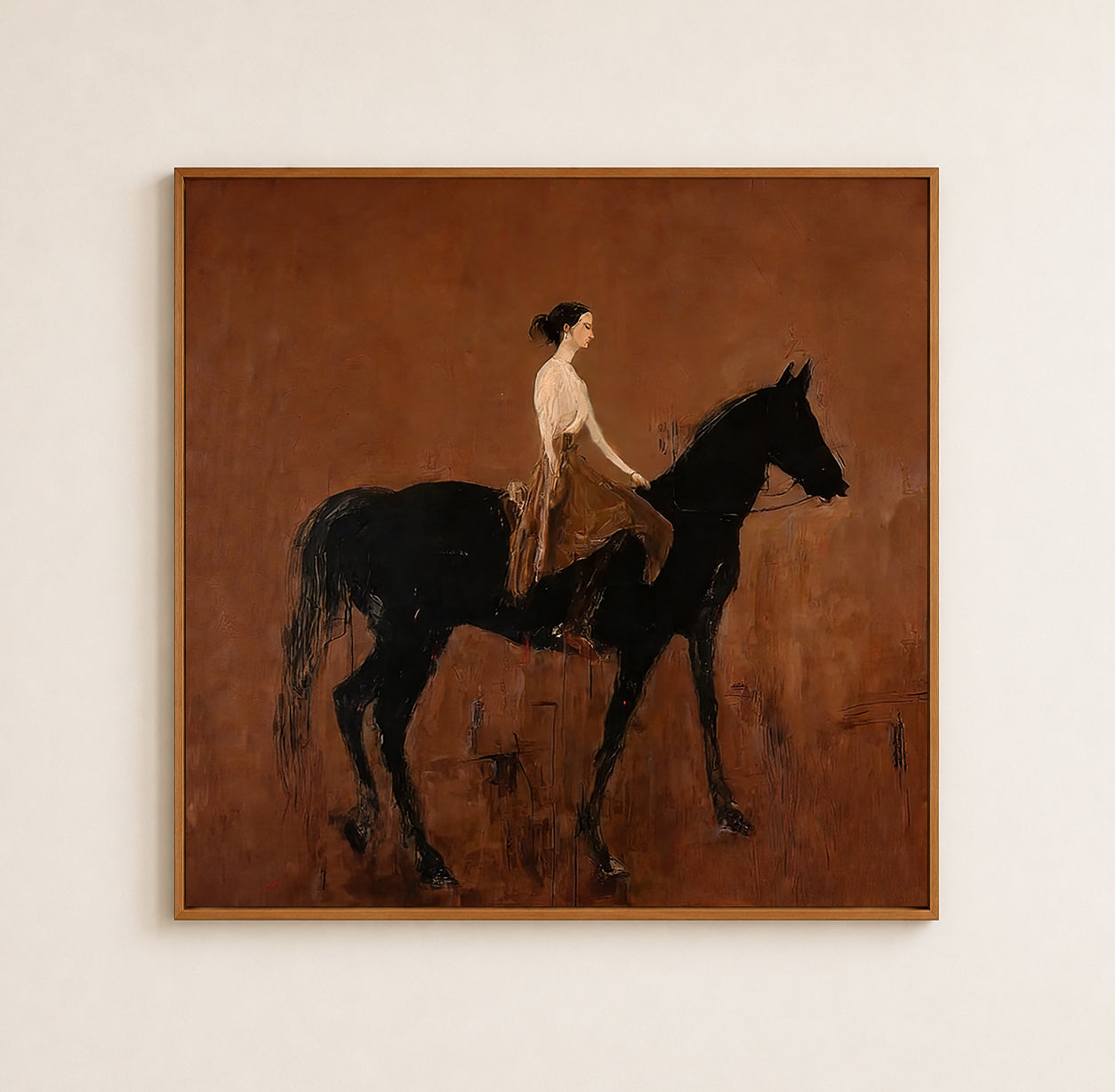 Vintage Brown Horse And Rider Painting Original Oil On Linen Canvas For Classic Home Decor