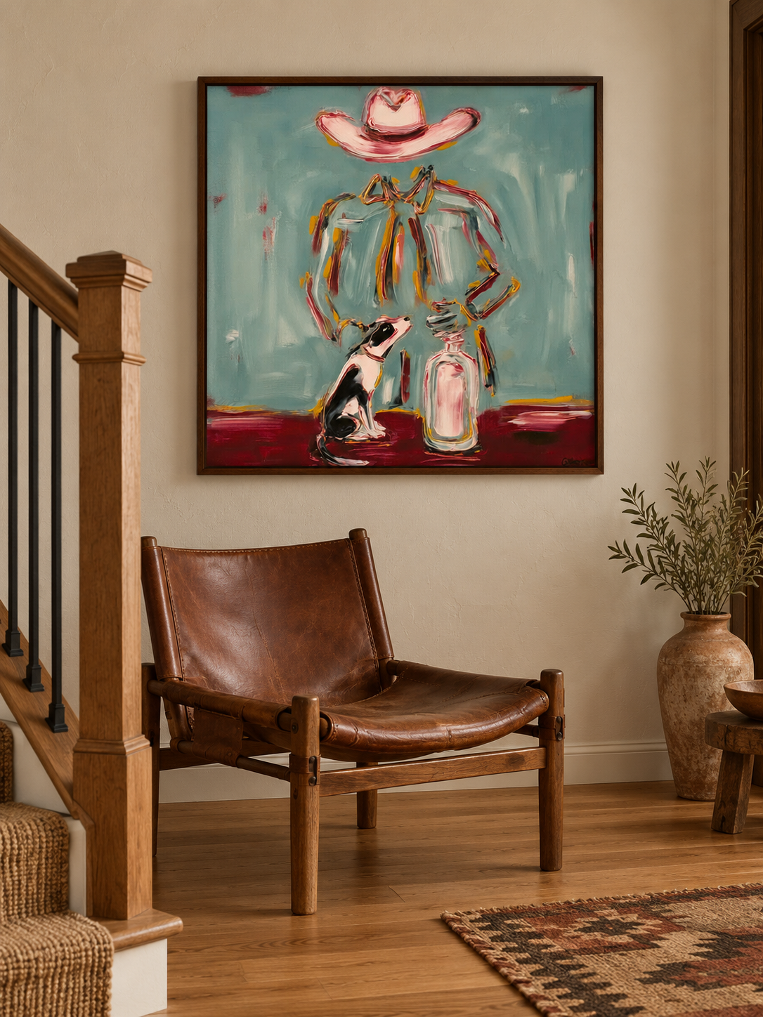 Whimsical Cowboy And Dog Canvas Art, Pink Hat Western Wall Decor, Teal Countryside Painting