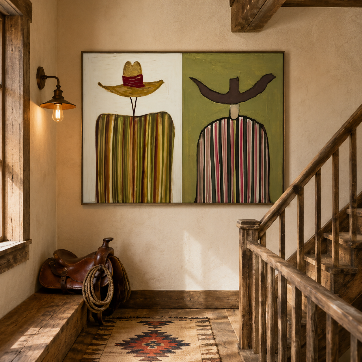 Rustic Figurative Art With Striped Men In Green And Brown For Living Room Decor