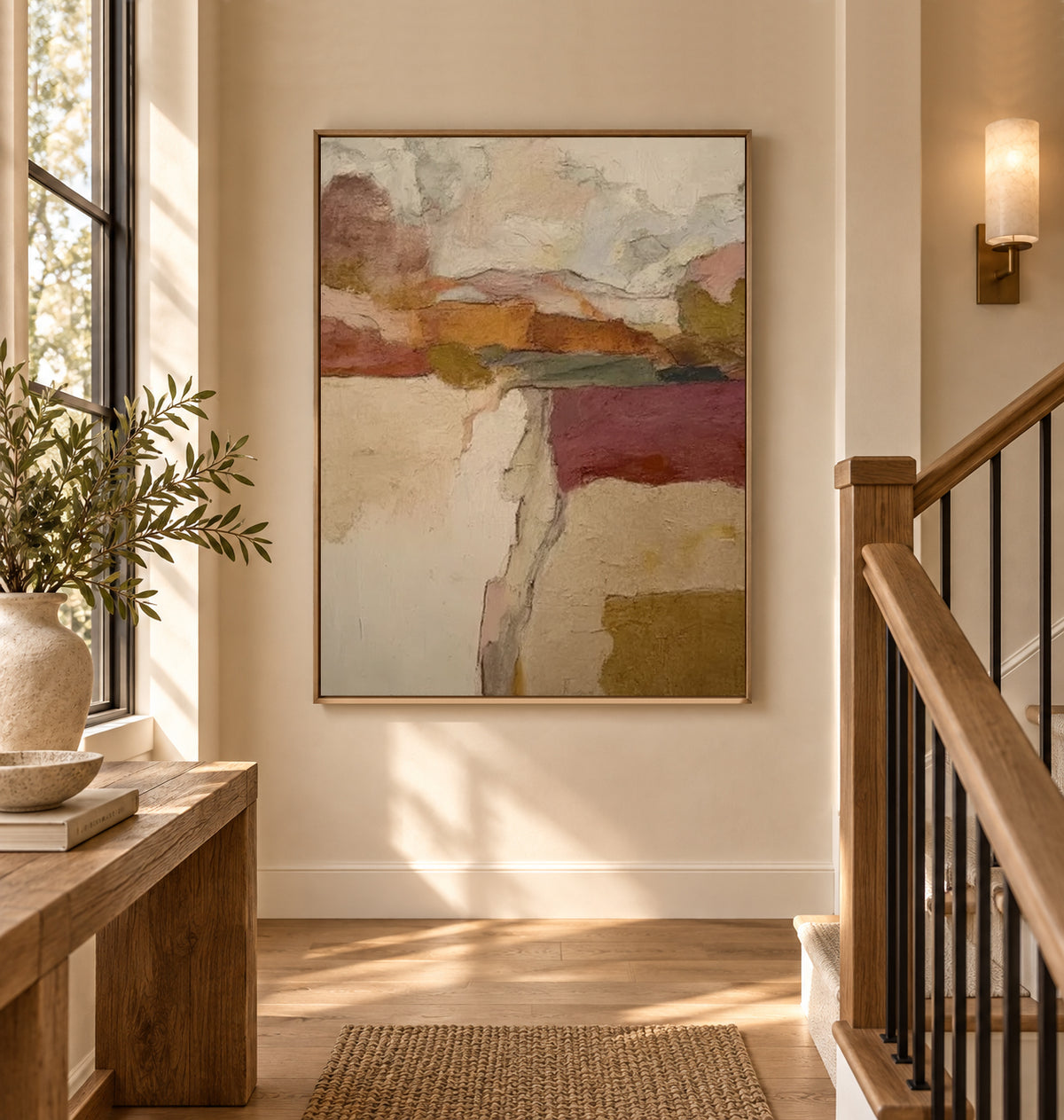 Abstract Landscape Canvas Painting With Olive Green And Earth Tones For Modern Wall Art