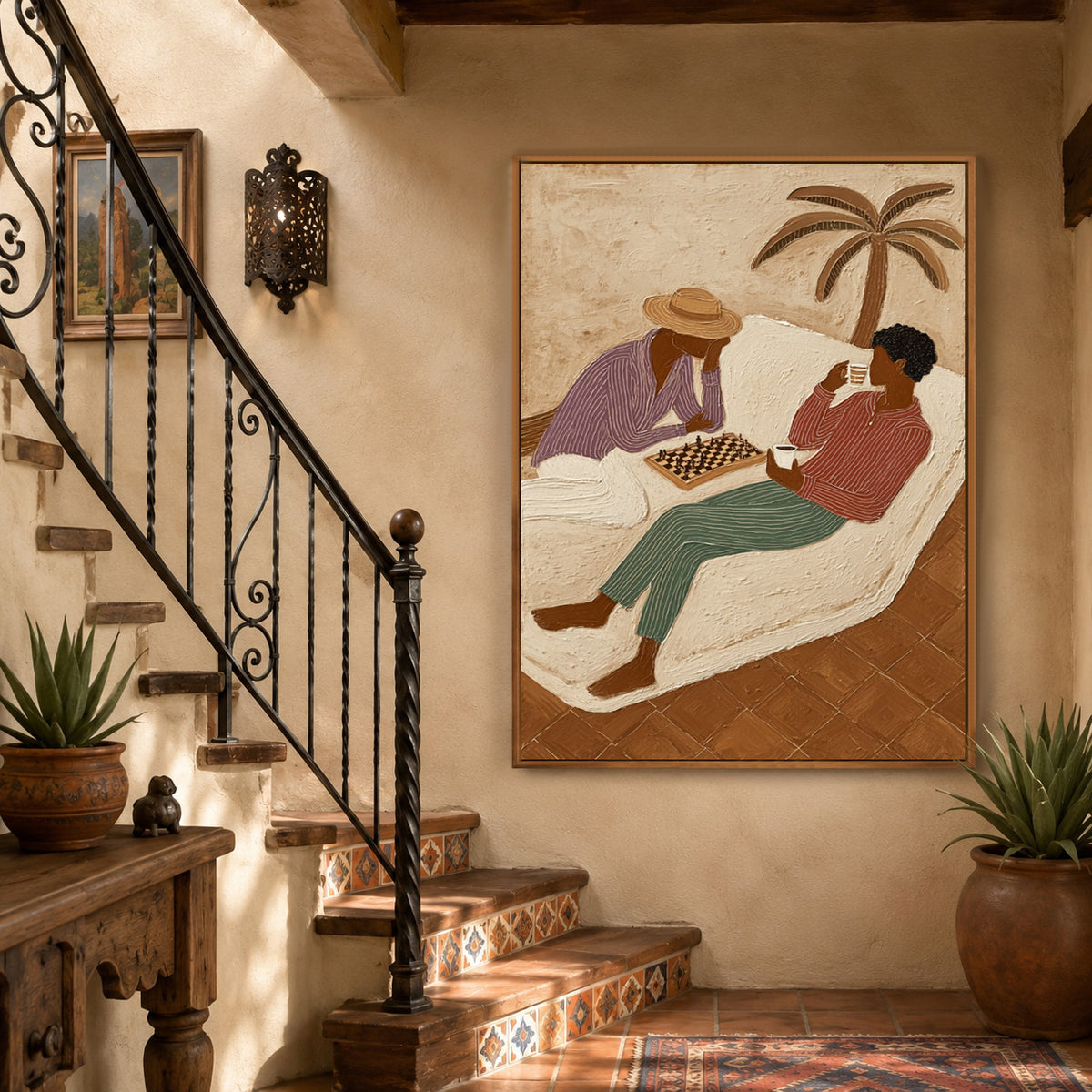 Figurative Chess Painting With Palm Tree And Coffee For Wall Decor