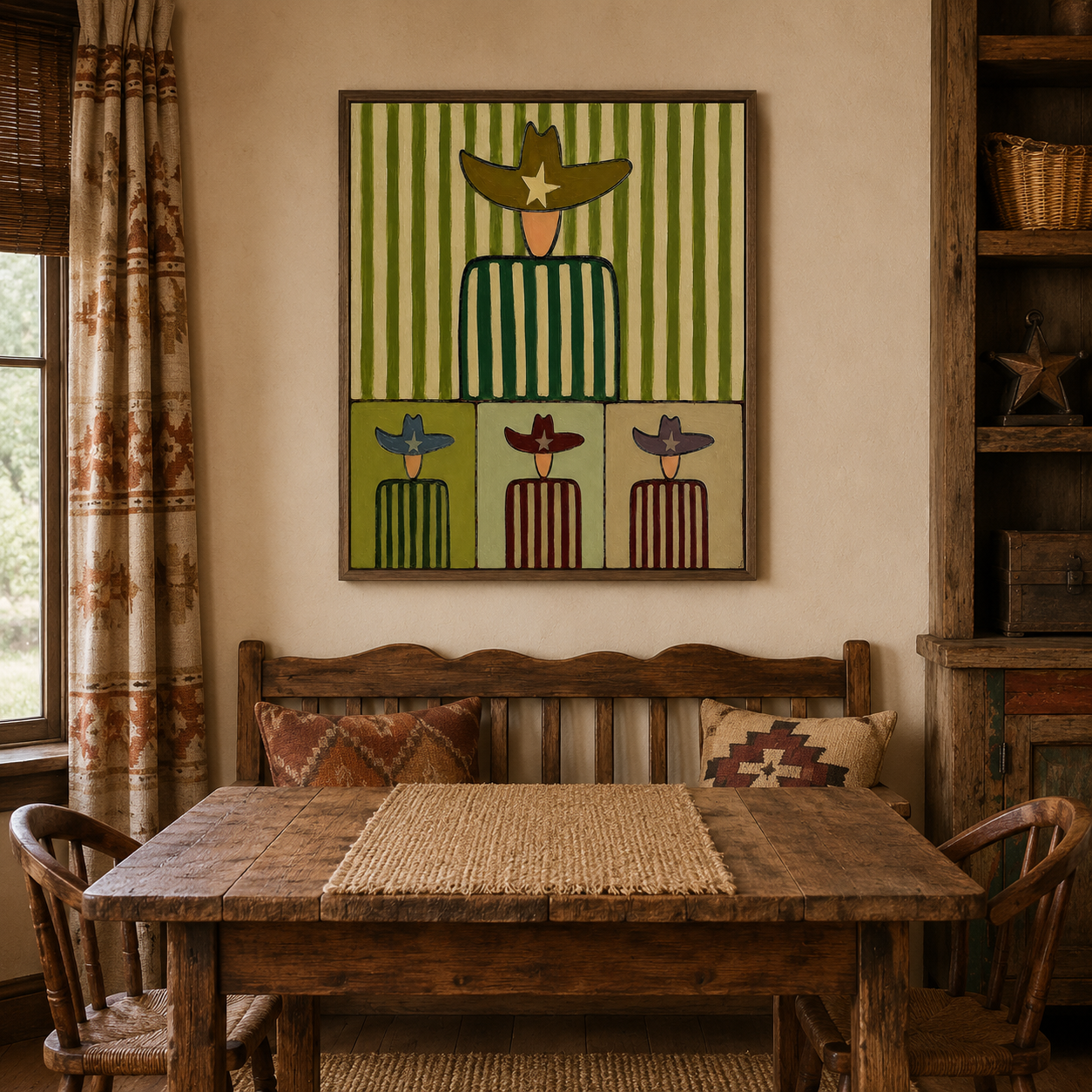 Mid Century Modern Abstract Cowboy Painting With Striped Patterns For Retro Home Decor