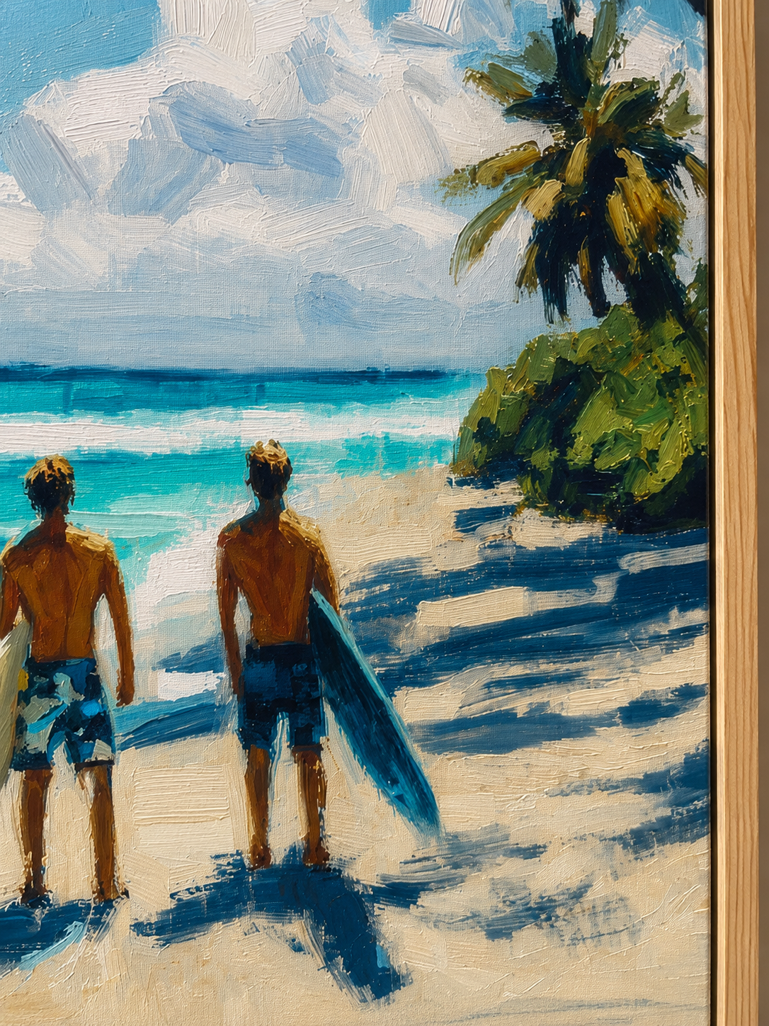Vintage Tropical Surf Painting For Living Room With Textured Ocean Waves And Palm Trees