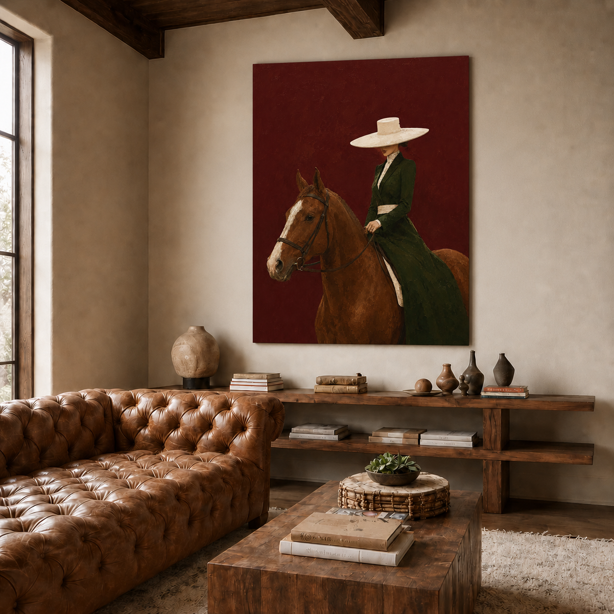 Minimalist Figurative Art Print Of Lady And Horse In Green Dress Against Crimson Wall For Study