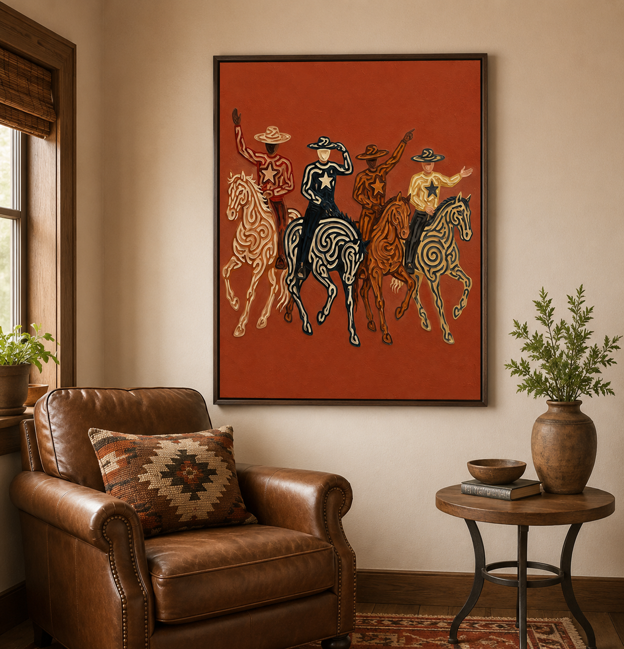 Four Cowboys Horse Painting, Colorful Western Riders, Terracotta Southwestern Wall Art