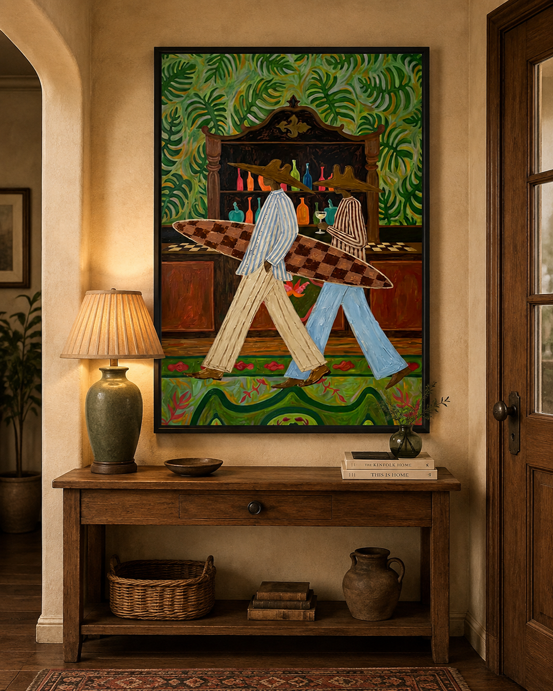 Vintage Tropical Surfboard Painting For Coastal Wall Decor With Retro Folk Art Style