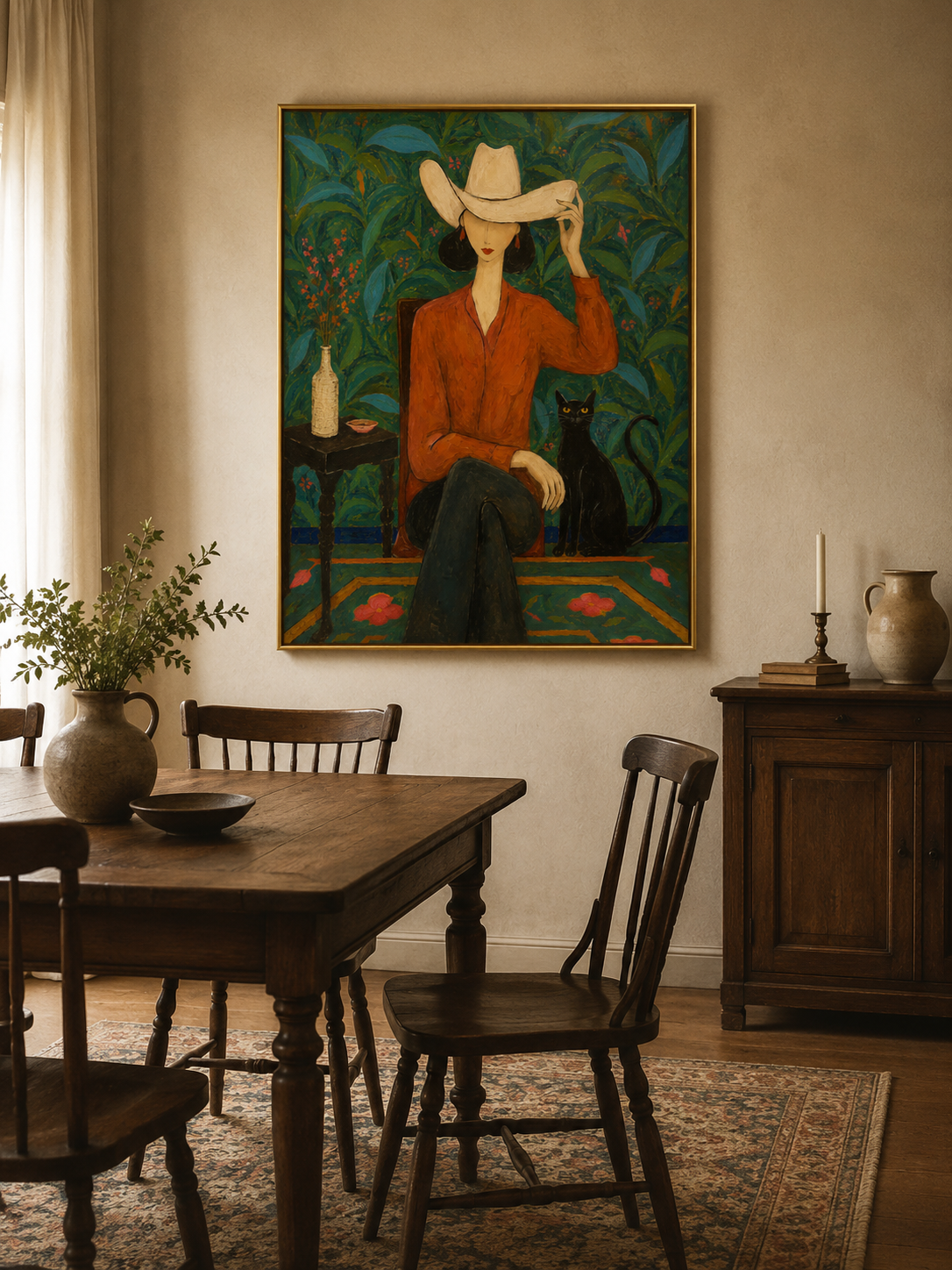 Stylish Woman And Black Cat Painting In Folk Art Style For Living Room Decor