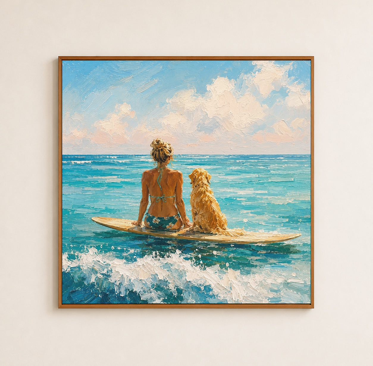 Summer Beach Surfboard Art Hand Painted Girl And Dog Ocean View Art For Beach House Living Room Decor