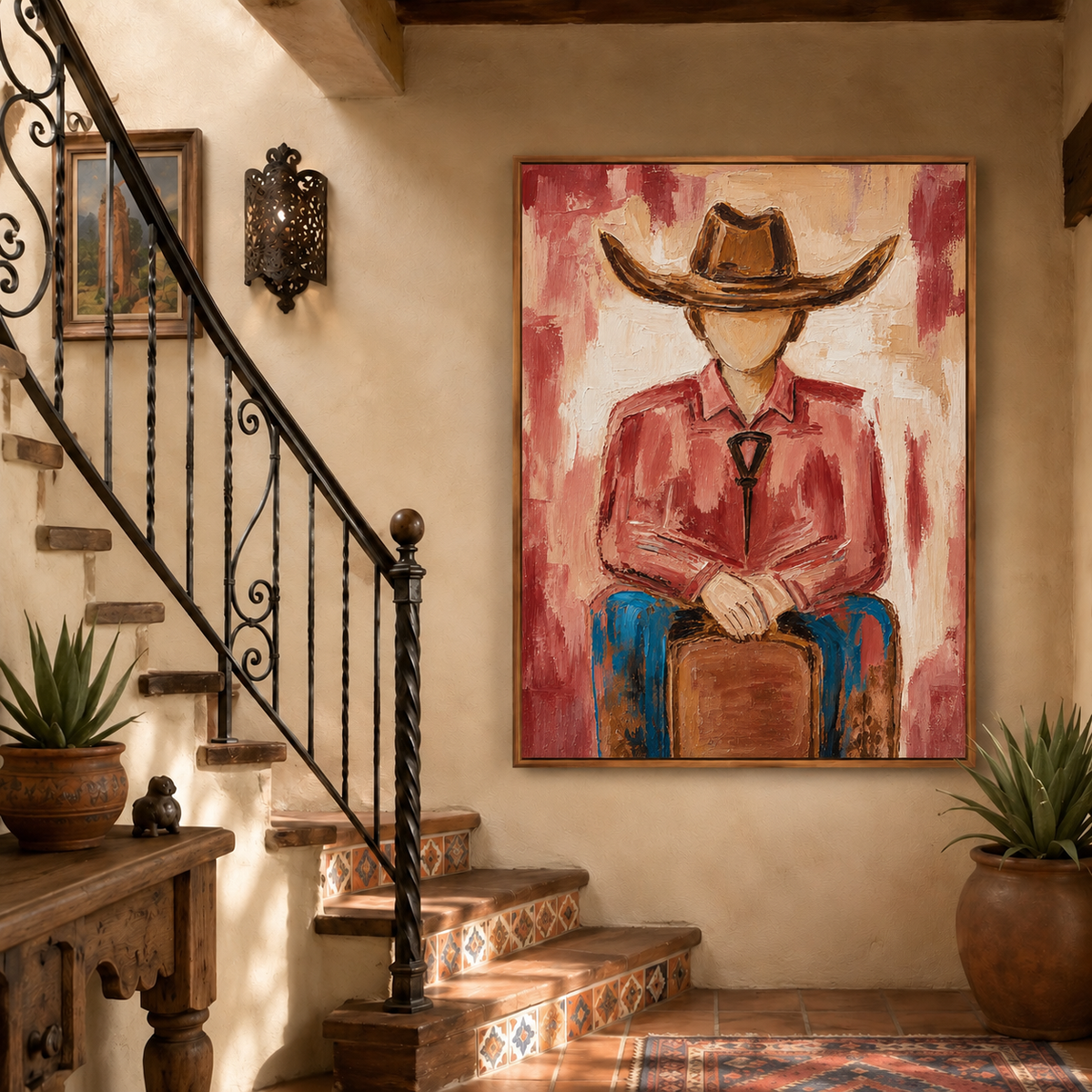 Cowboy Portrait Canvas Painting With Red Shirt And Hat Original Hand-Painted Wall Art