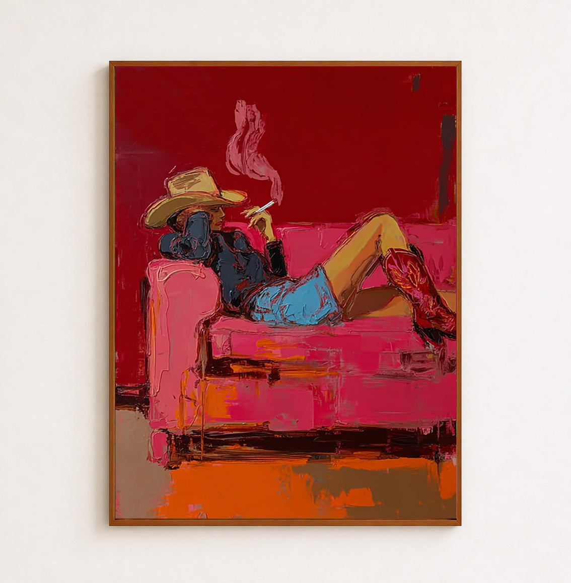 Modern Western Art Painting Of Cowgirl Smoking In Red For Living Room Decor