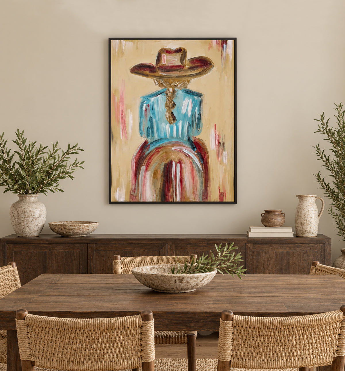 Ranch Style Wall Art For Living Room Blue Shirt Cowgirl Painting