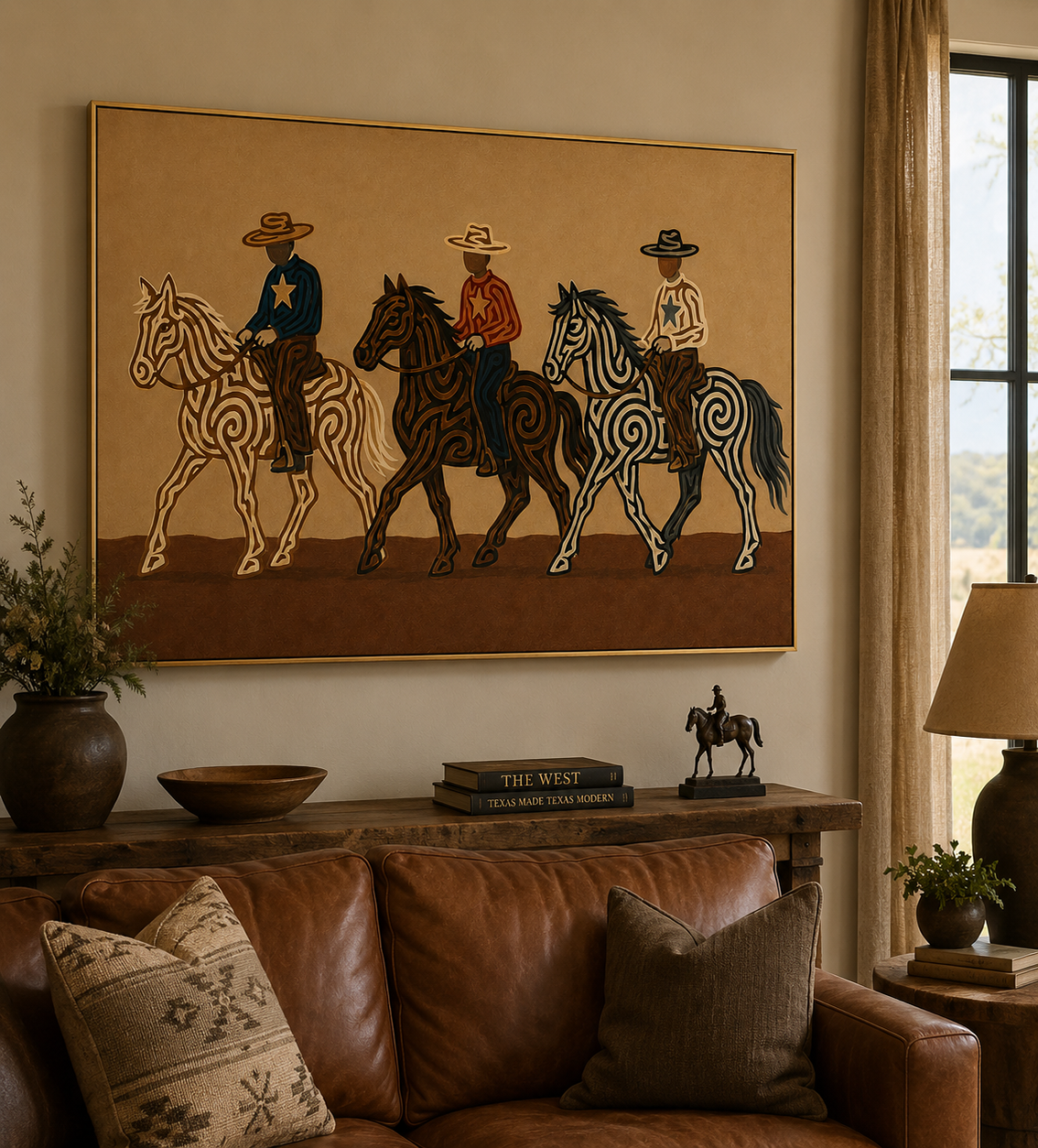 Three Cowboys Horse Painting, Western Ranch Riders, Earth Tone Southwestern Folk Art
