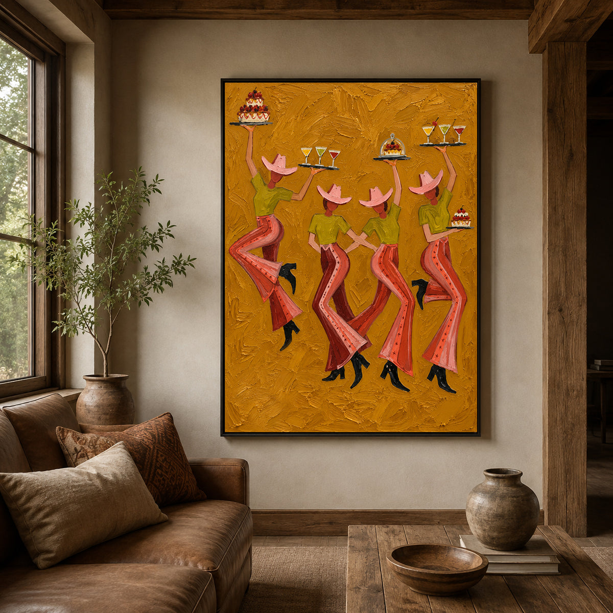 Vintage Cowgirl Party Canvas Painting With Cocktails And Cakes For Rustic Decor
