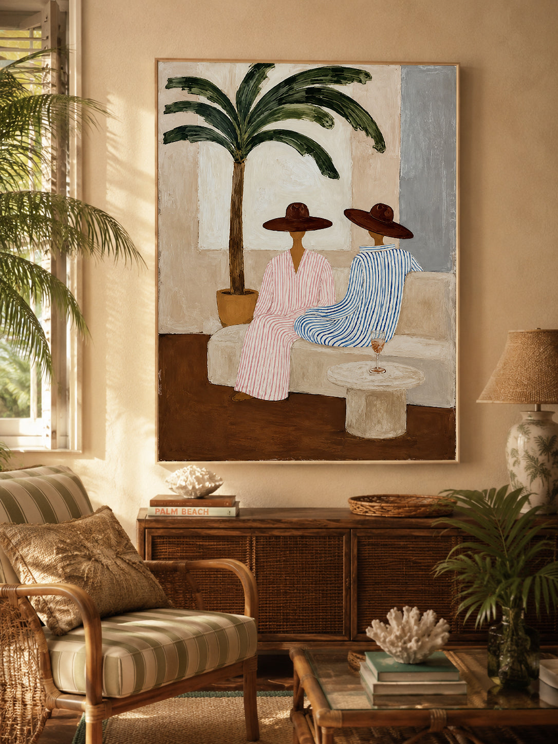 Bohemian Coastal Art With Palm Tree And Striped Figures For Living Room Decor