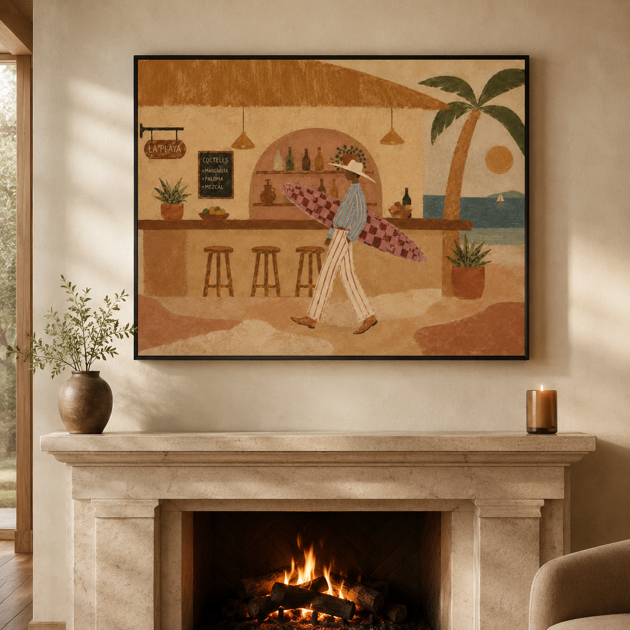Surfer Man Oil Painting, Beach Bar Wall Art, Retro Coastal Surf Decor Beach House Decor