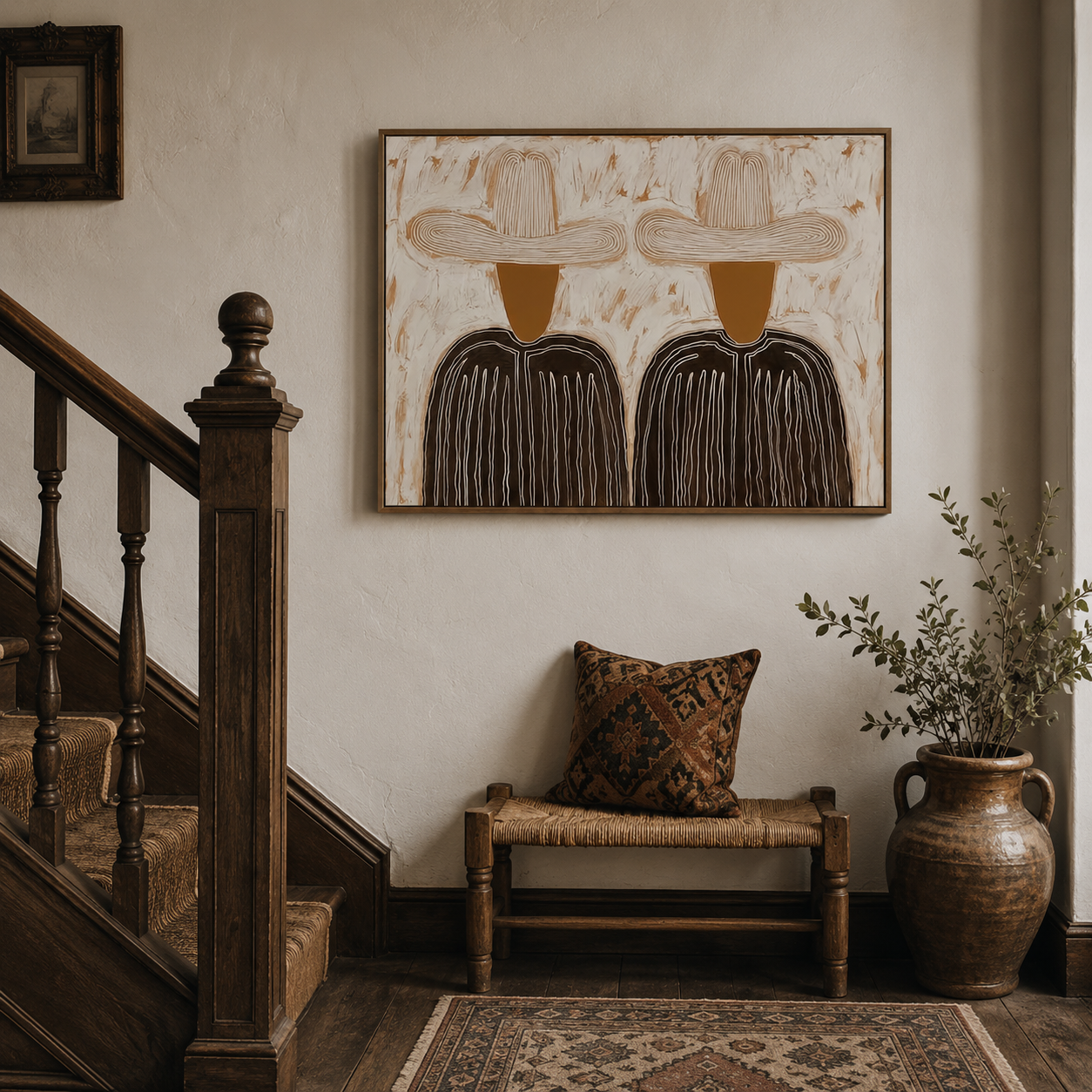 Minimalist Figurative Oil Painting With Textured Earth Tones For Modern Living Room Decor