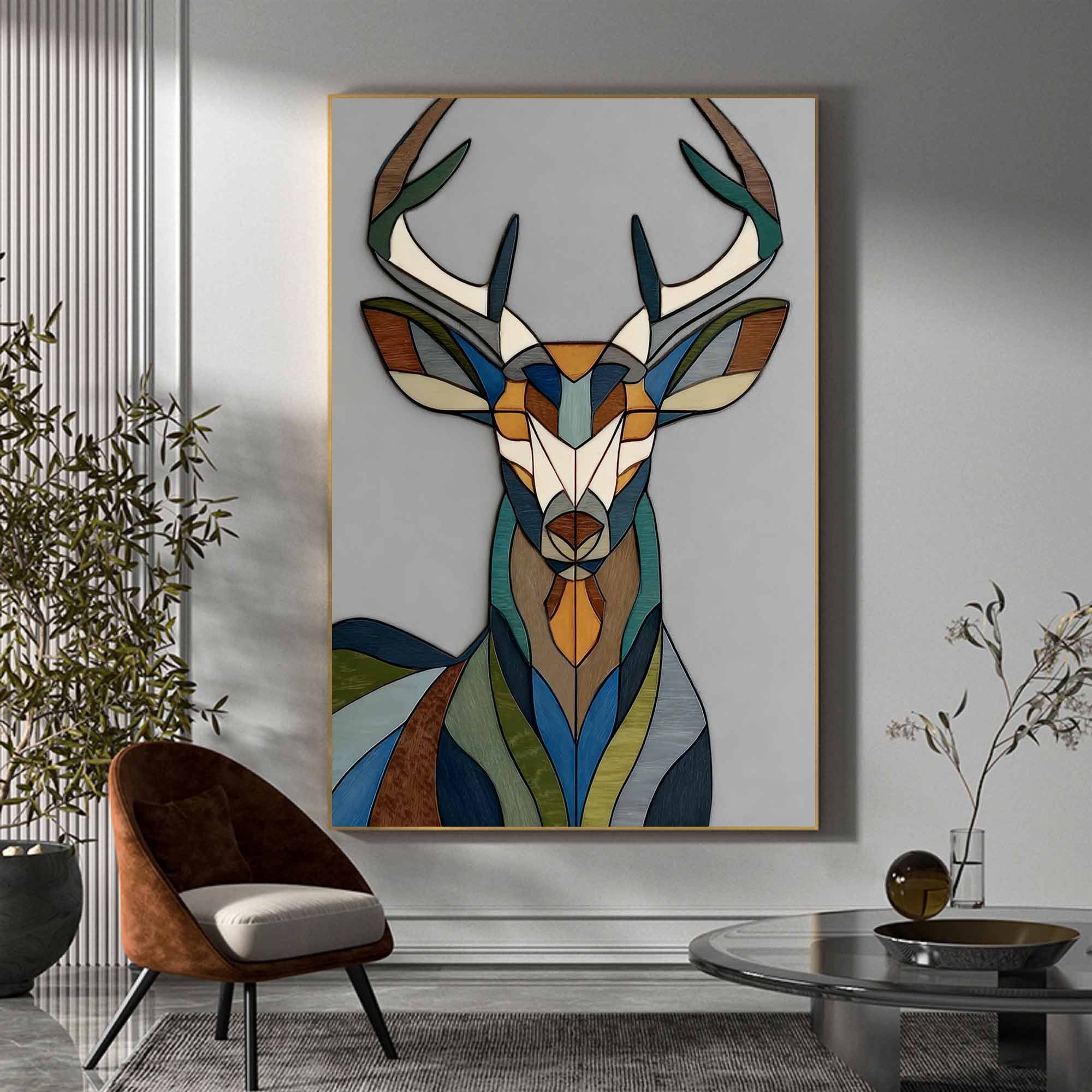 colorful Abstract wooden deer art Living room geometric deer decor