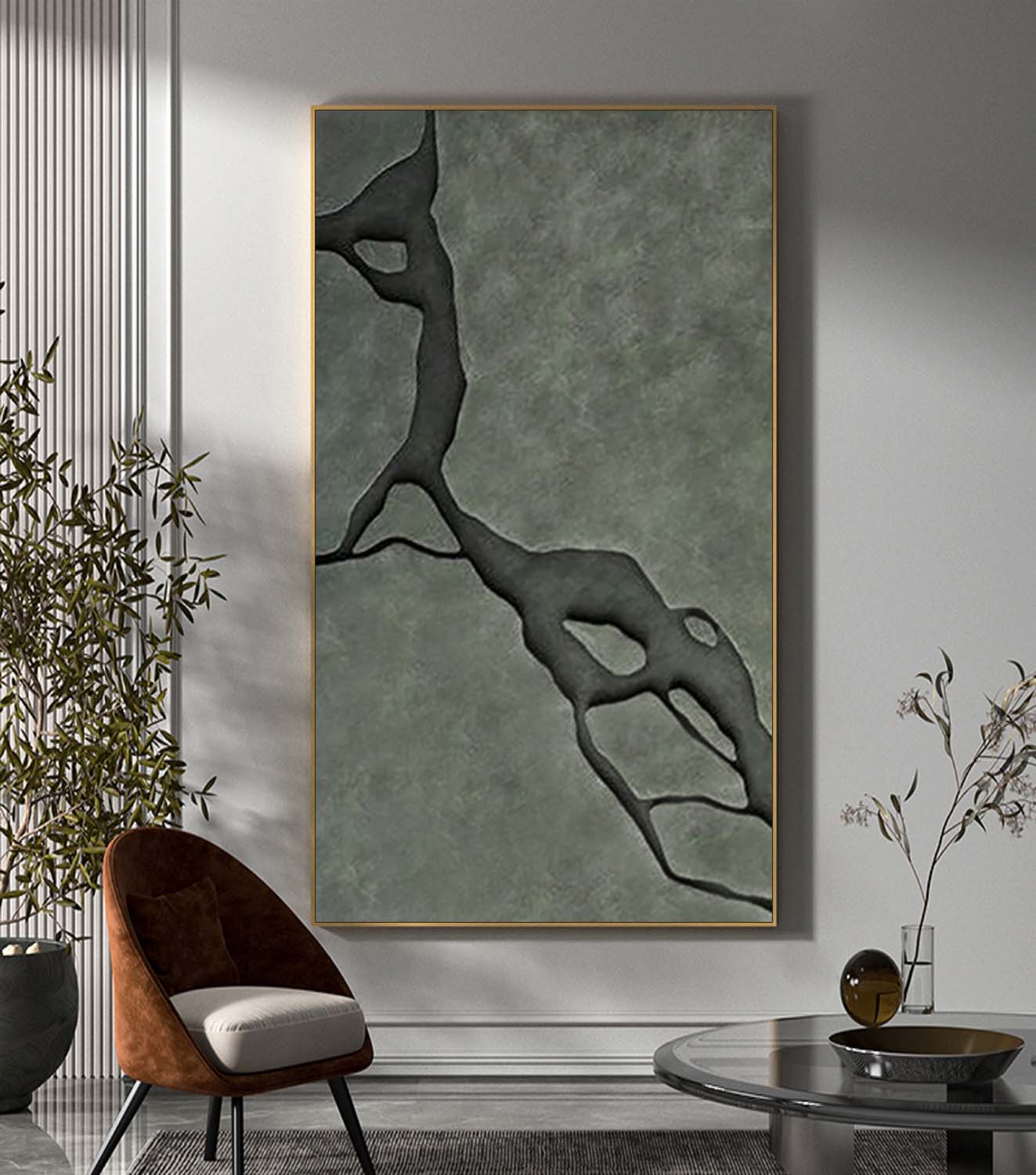 Green 3D Wood Carving Wall Art - Modern Olive Green Textured Painting for Living Room