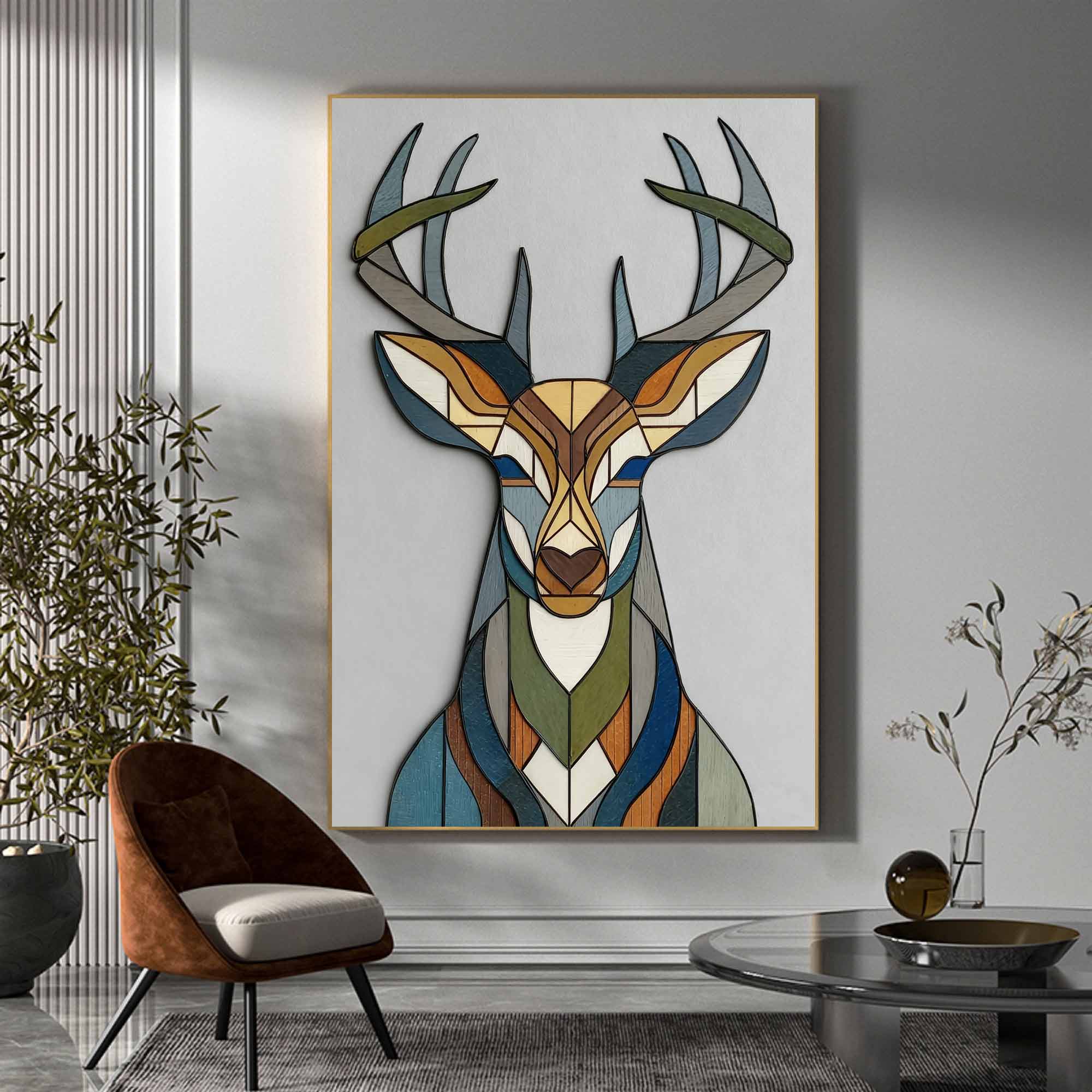 Geometric deer head wood wall art Stained wood style deer wall decor