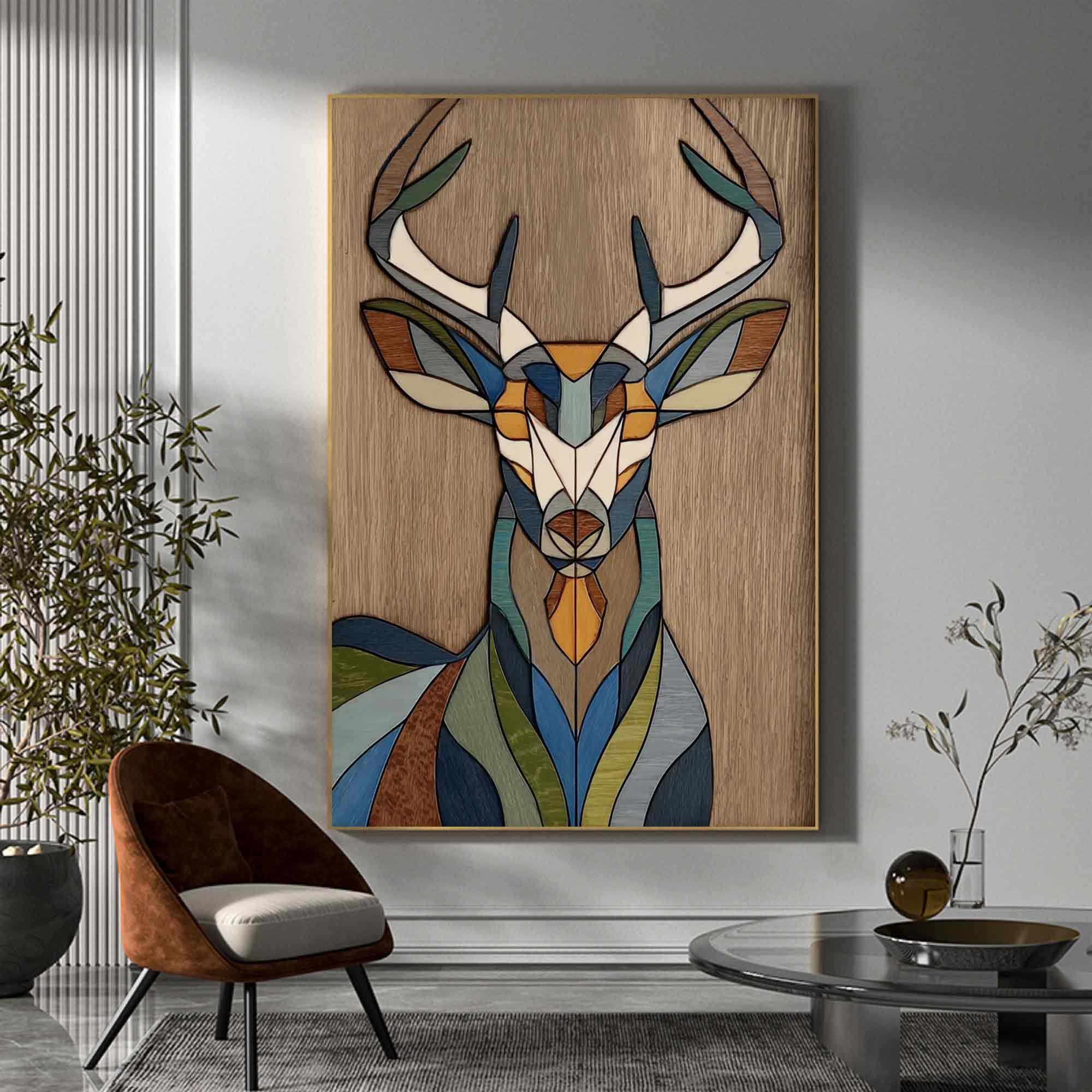 Geometric deer head wood wall art Stained wood style deer wall decor