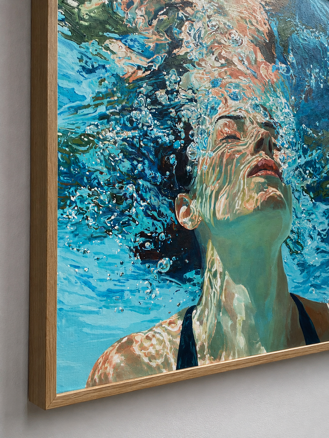 Ethereal Underwater Girl Painting With Bubbles For Coastal Bathroom Decor