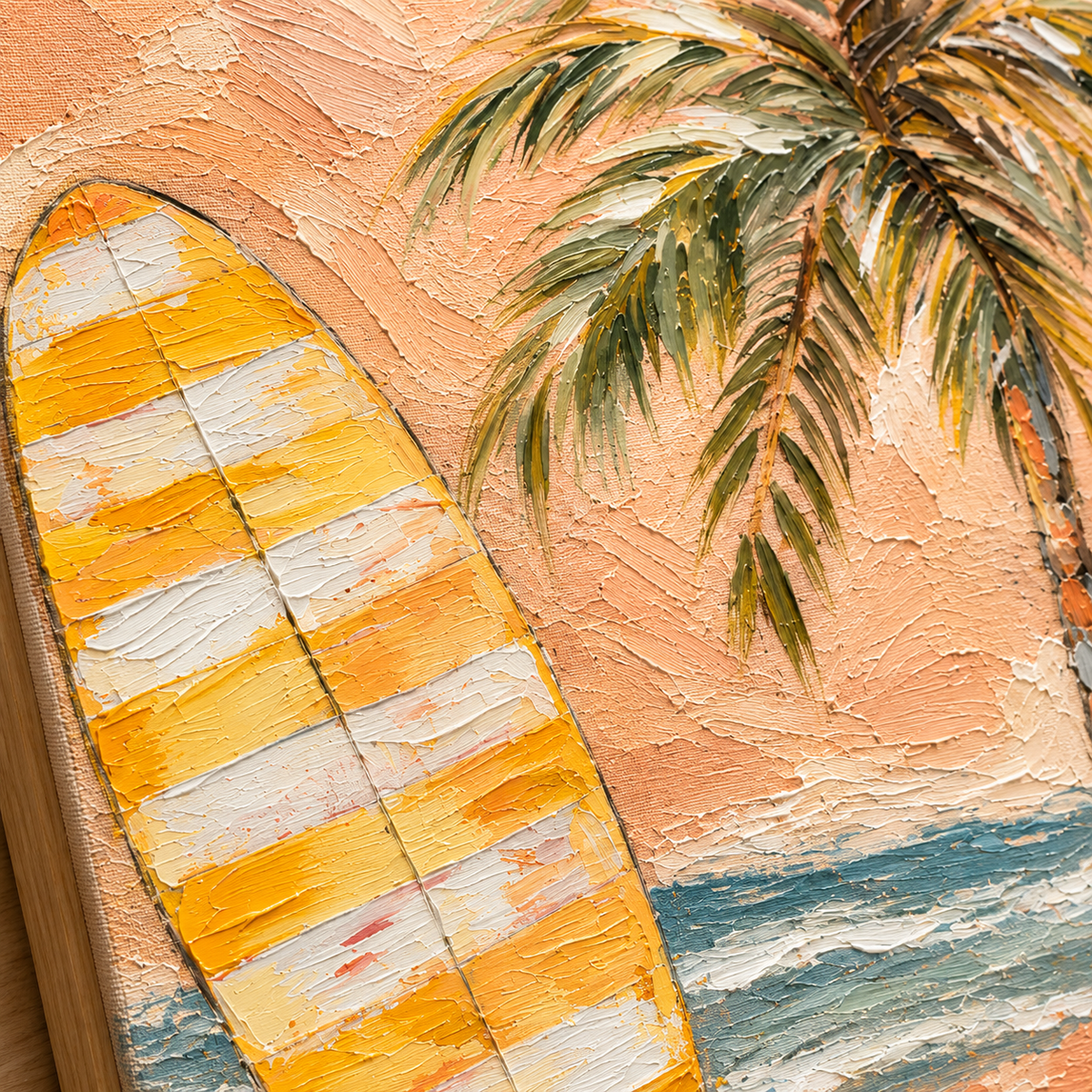 Tropical Surfboard Wall Art, Peach Beach Oil Painting, Palm Tree Textured Canvas