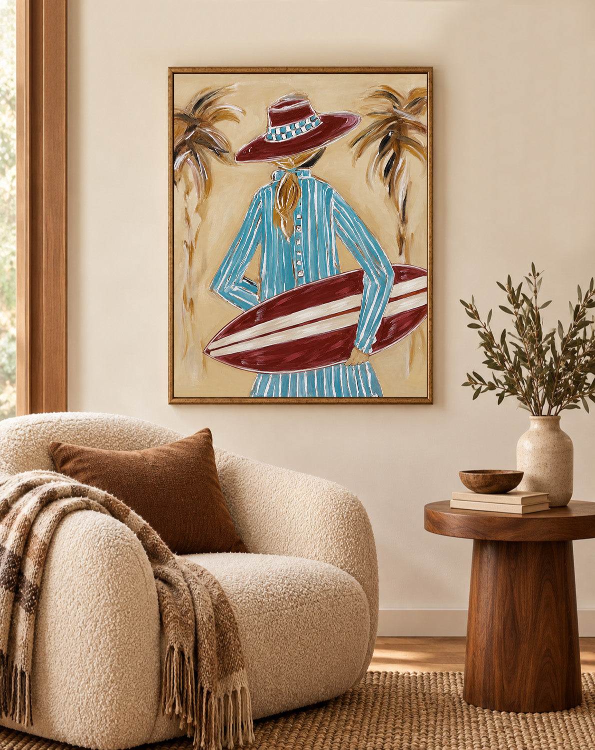 Coastal Cowboy Surfboard Canvas Art, Tropical Cowgirl Beach Wall Decor, California Surfing Painting