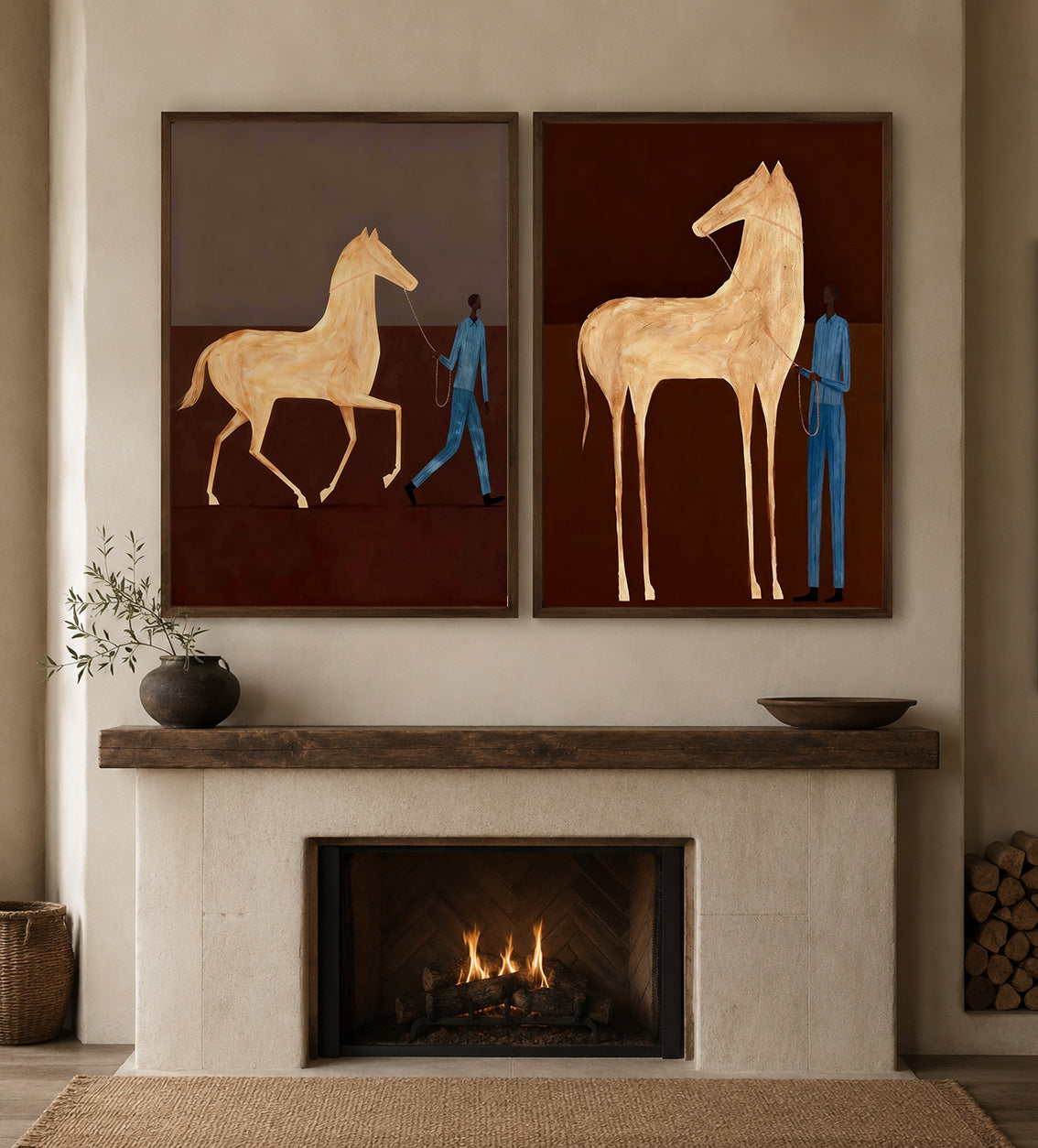 Vintage Brown Horse Painting Set With Blue Figure For Modern Home Decor