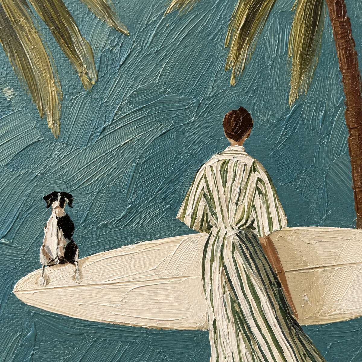 Surfer And Dog Under Palm Trees Hand-Painted Canvas Wall Art In Teal And Cream