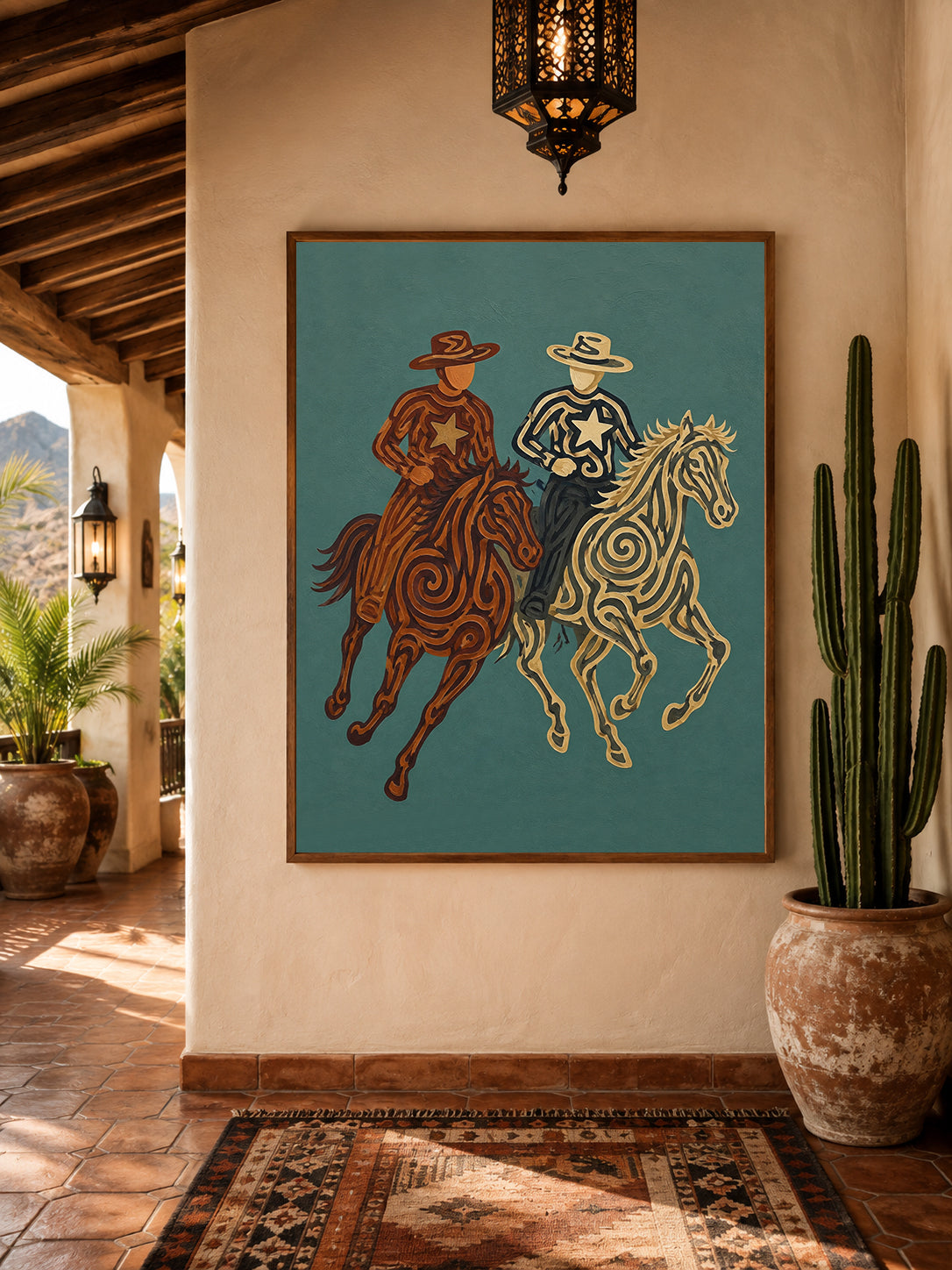 Rustic Cowboy Horse Painting, Teal Western Riders Wall Art, Southwestern Folk Decor