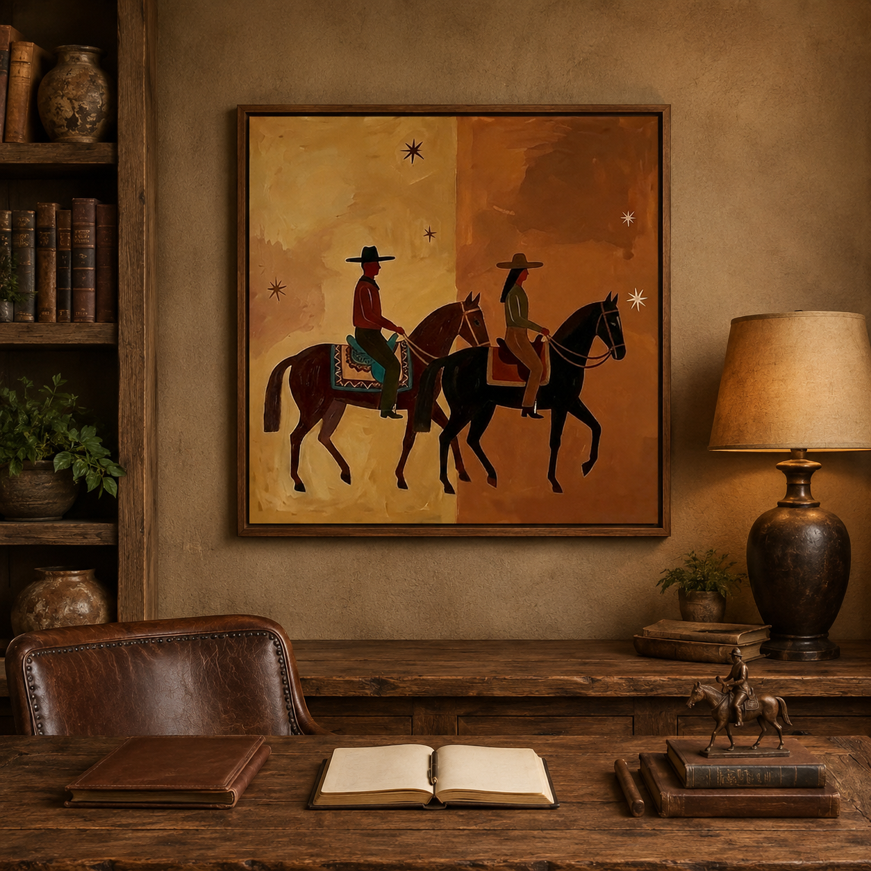 Modern Western Cowboy Horse Painting Earth Tones Wall Art For Rustic Home Decor