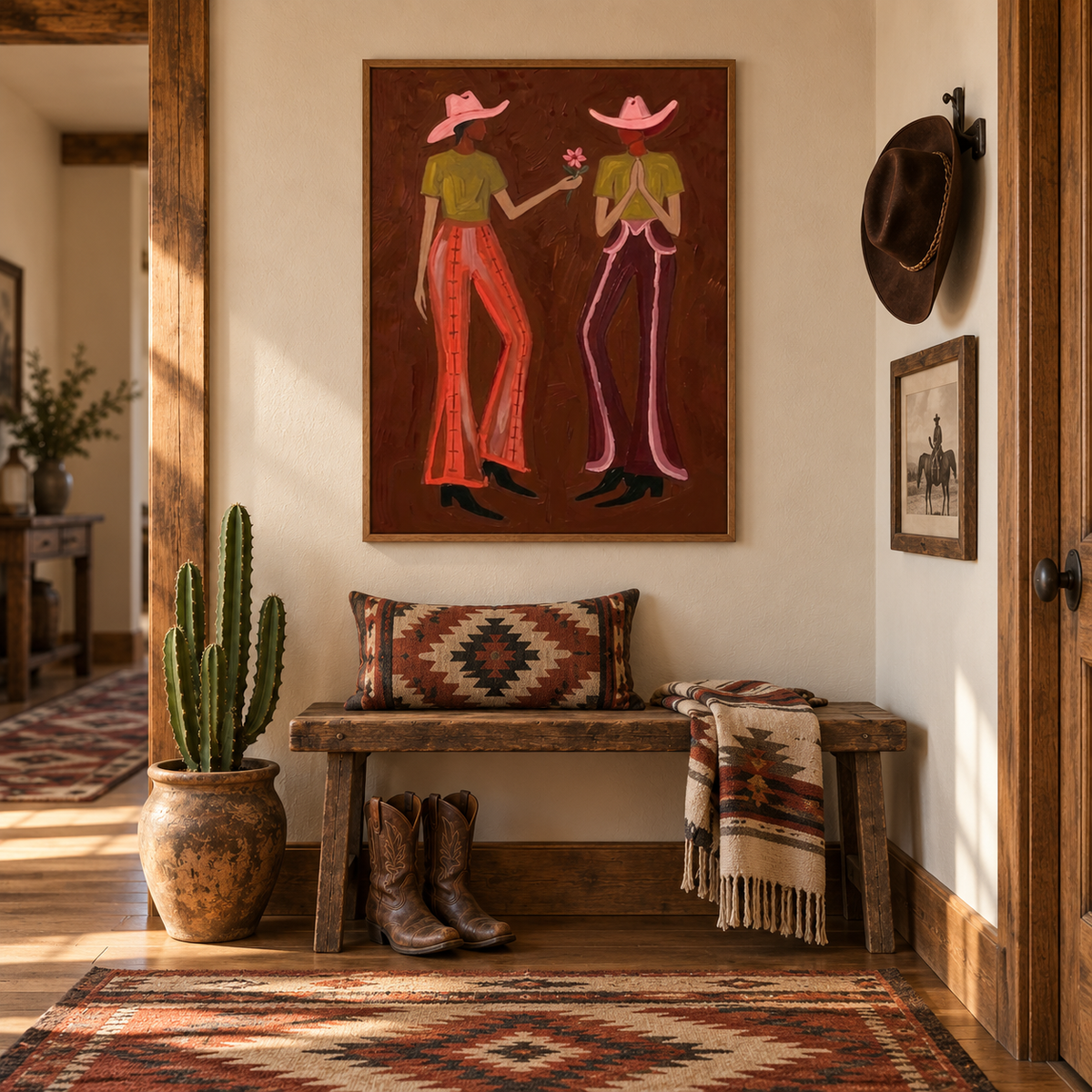 Cowgirl Flower Canvas Art, Retro Western Friendship Wall Decor, Dark Brown Aesthetic Painting
