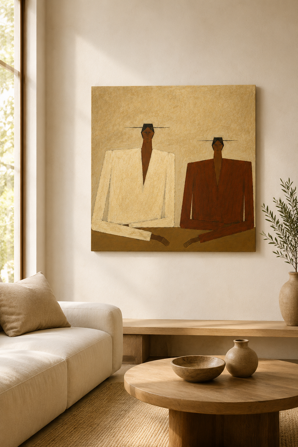 Original Hand-Painted Textured Portrait - Modern Abstract Duo for Wabi-Sabi Decor