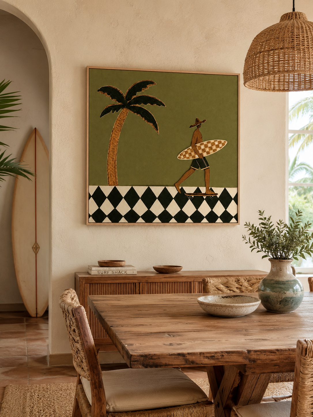 Vintage Minimalist Surf Art With Checkerboard Design For Modern Beach Home Decor