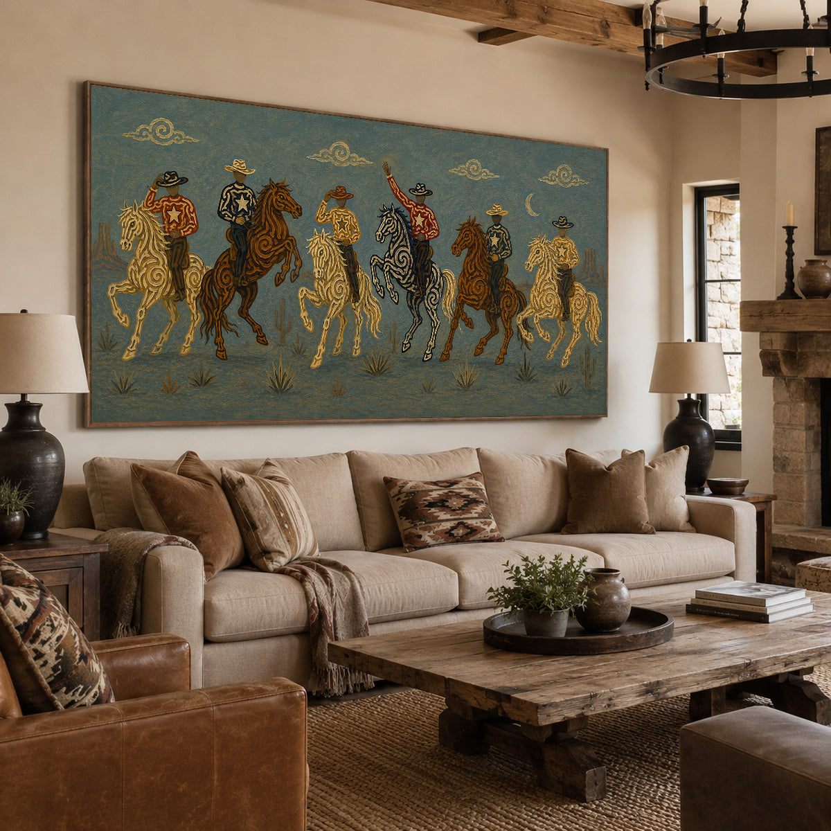 Blue Moon Cowboy Riders Painting, Panoramic Western Horse Art, Southwestern Desert Night Decor