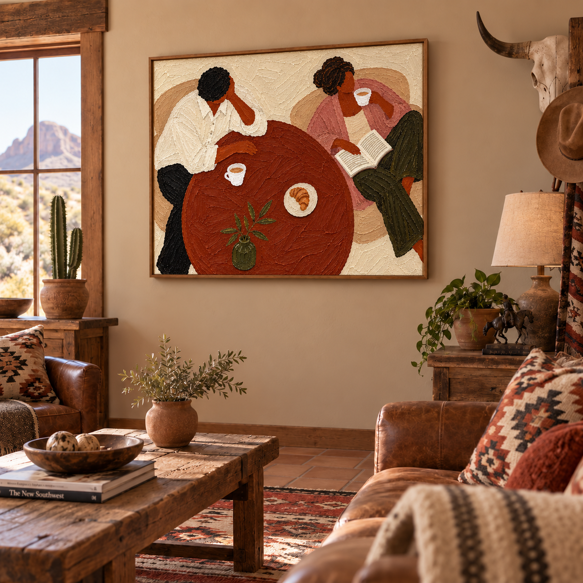 Vintage Couple Coffee Scene Hand-Painted Canvas Wall Art In Earth Tones
