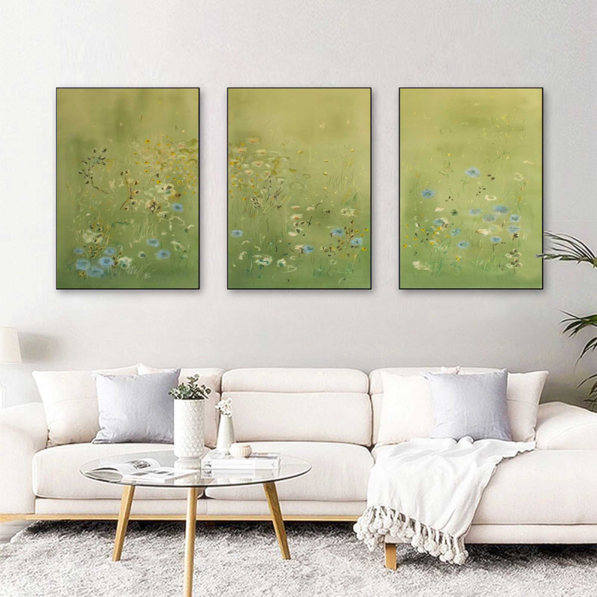 Set of 3 Green Flower abstract Painting Green landscape abstract painting
