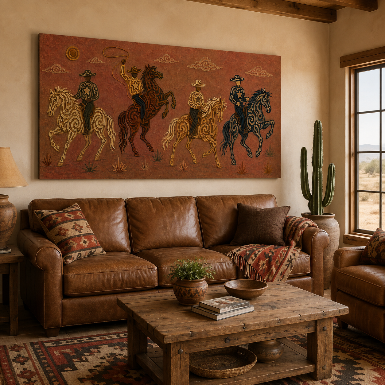 Panoramic Rodeo Cowboy Painting, Lasso Horse Riders, Southwestern Western Ranch Art