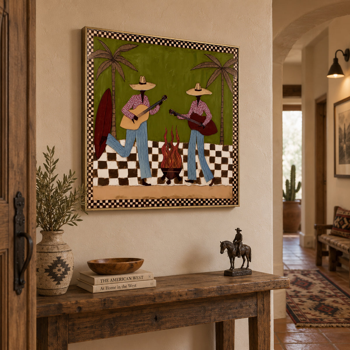 Cowgirl Guitar Painting, Retro Western Music Wall Art With Palm Trees, Olive Green Southwest Decor