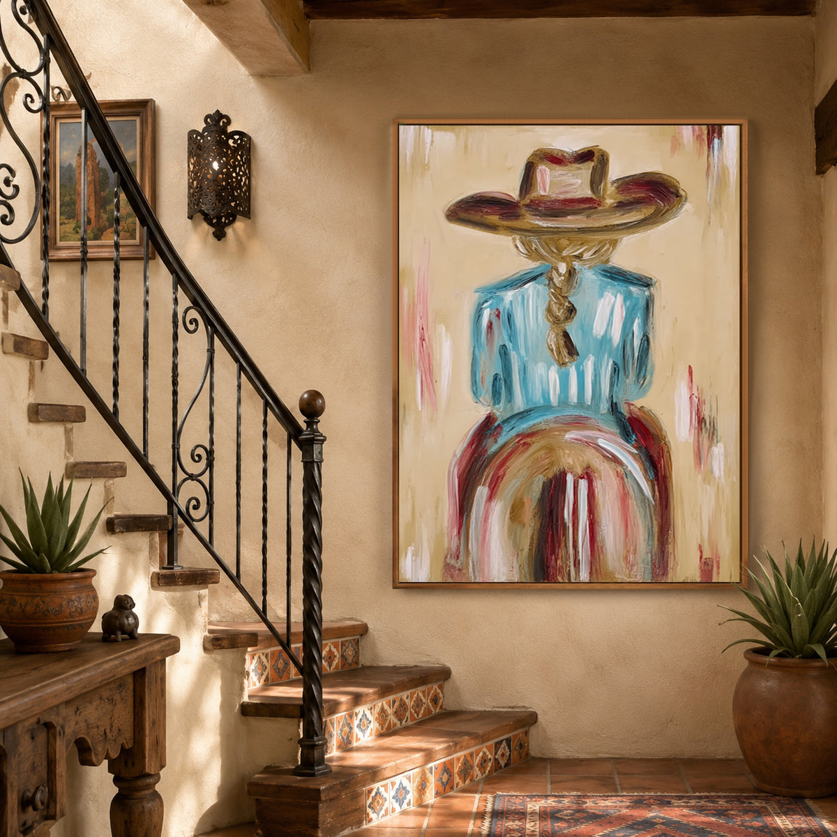 Ranch Style Wall Art For Living Room Blue Shirt Cowgirl Painting