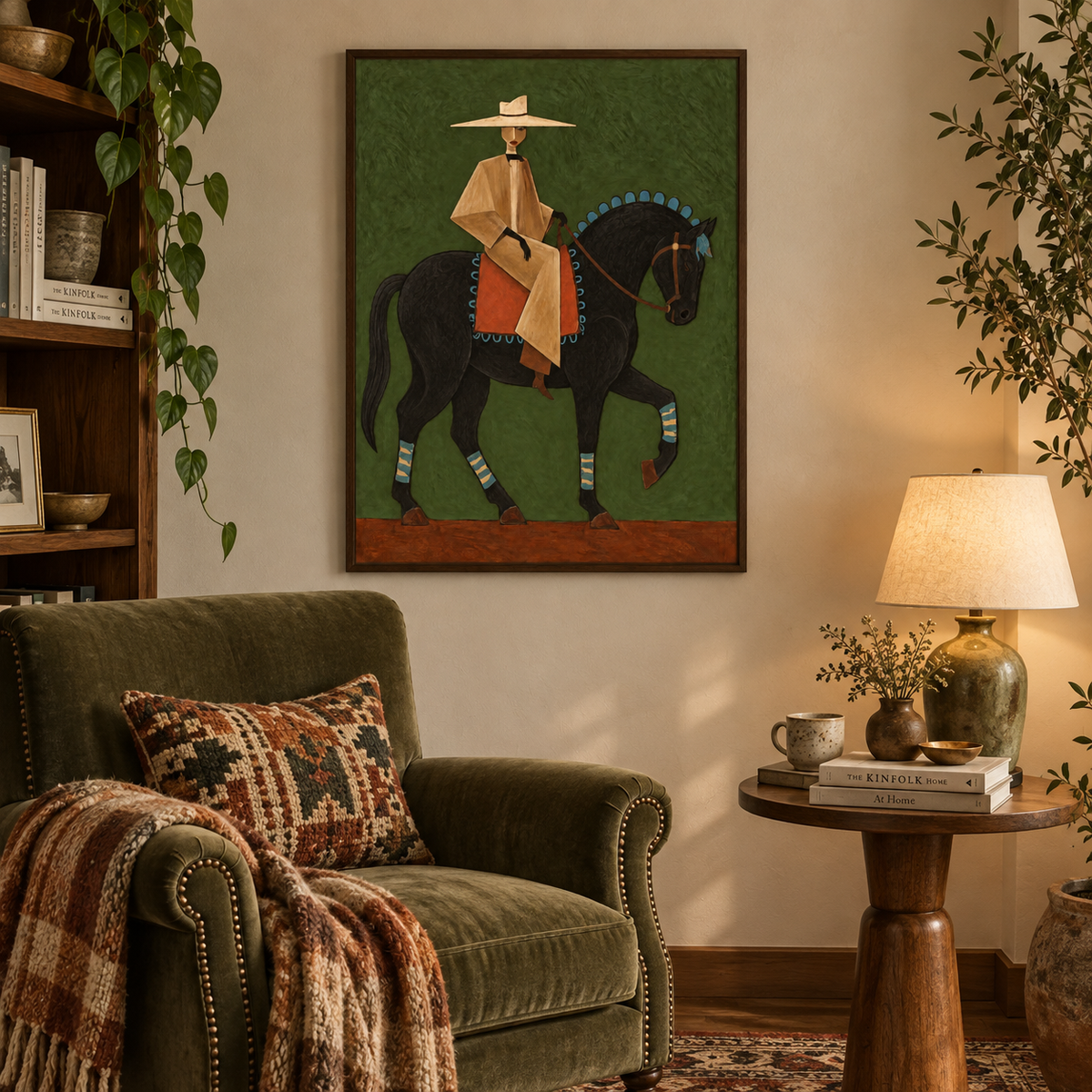 Green Background Fine Art Vintage Cowboy And Horse Canvas Painting Gentleman On Black Horse Canvas Art