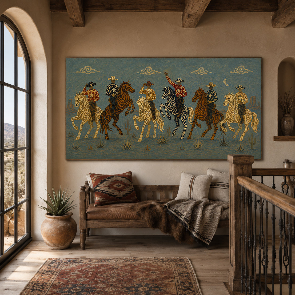 Blue Moon Cowboy Riders Painting, Panoramic Western Horse Art, Southwestern Desert Night Decor