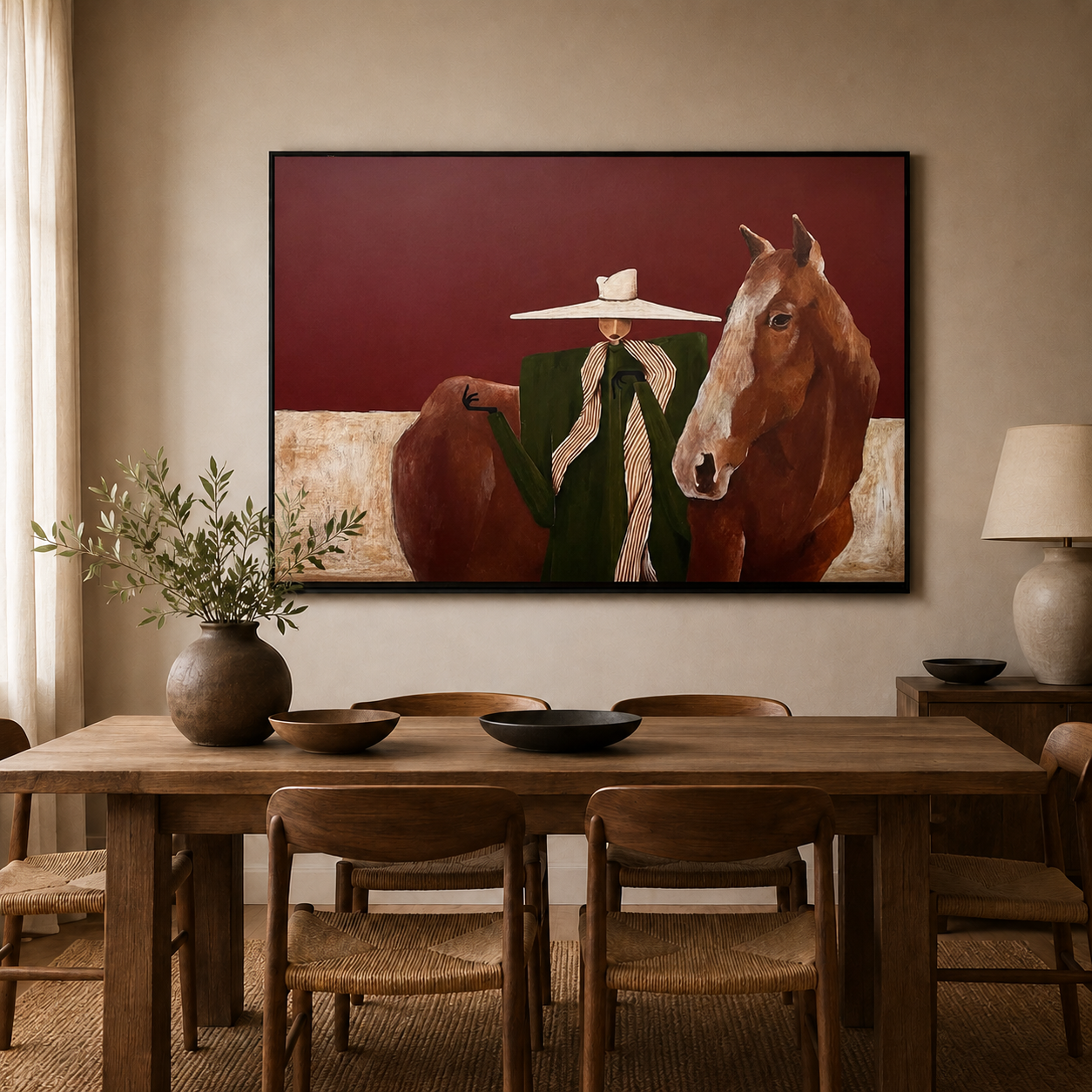 Vintage Woman And Horse Painting With Hat Earthy Tones Square Canvas Wall Art For Living Room