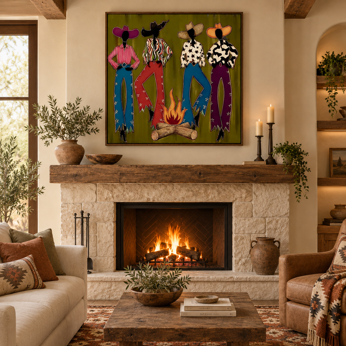 Colorful Cowgirl Painting, Retro Southwest Decor, Olive Green Handmade Artwork