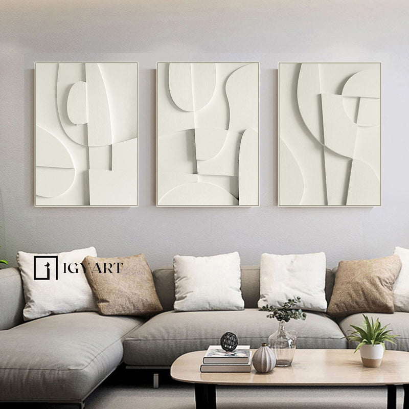 Set of 3 White Sculptured art Painting Set of 3 white textured Sculptured wall art Set of 3 white Wood carving wall art