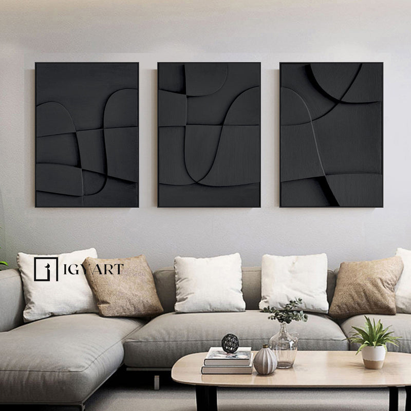 Set of 3 Black Sculptured art Painting Set of 3 Black textured Sculptured wall art Set of 3 Black Wood carving wall art